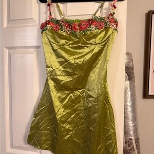Y2K Green Satin Slip Dress with Floral Embroidery